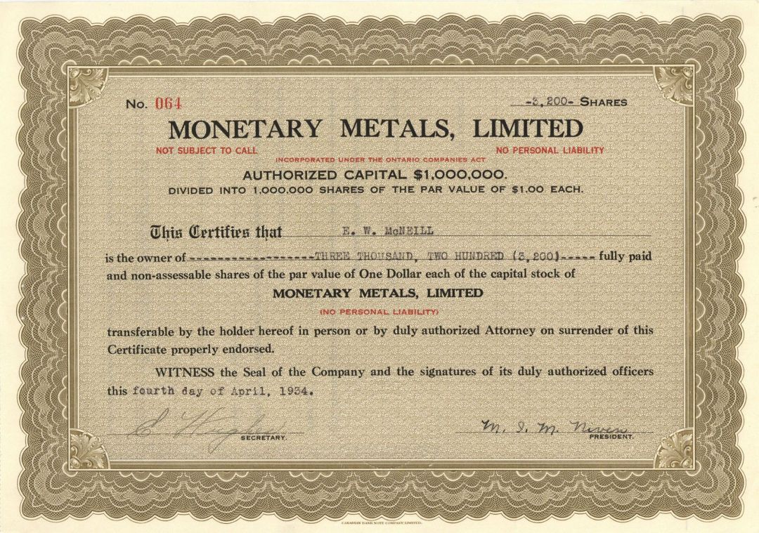 Monetary Metals, Limited  - Foreign Stock Certificate