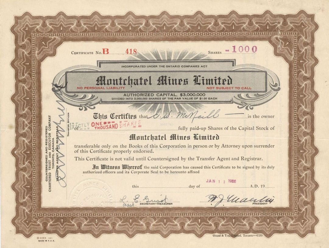 Montchatel Mines Limited  - Foreign Stock Certificate