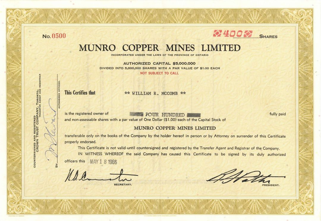 Munro Copper Mines Limited  - 1966 dated Canadian Stock Certificate