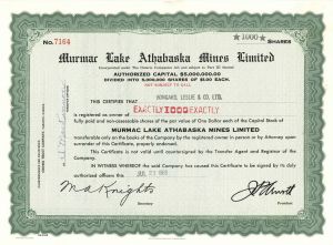 Murmac Lake Athabaska Mines Limited  - Foreign Stock Certificate