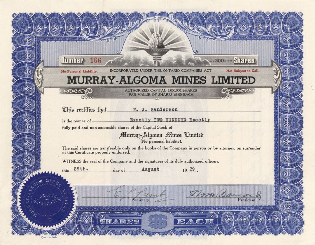Murray-Algoma Mines Limited  - Foreign Stock Certificate