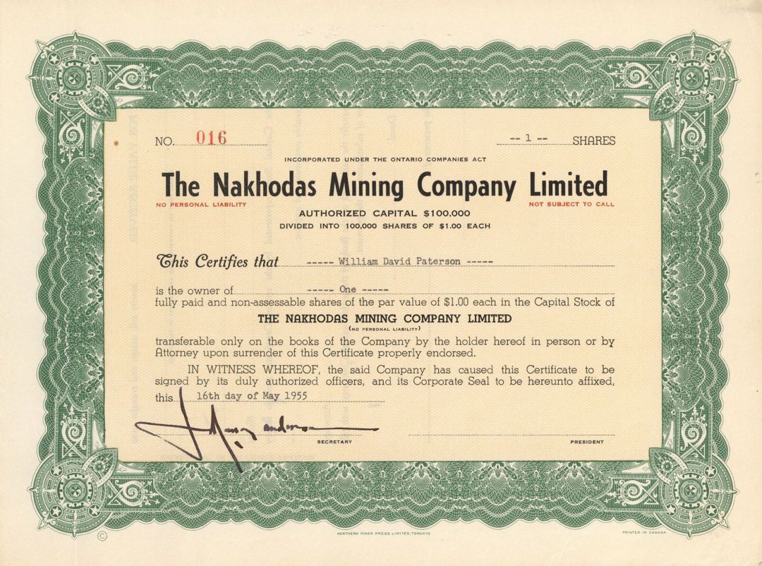 Nakhodas Mining Company Limited  - Foreign Stock Certificate