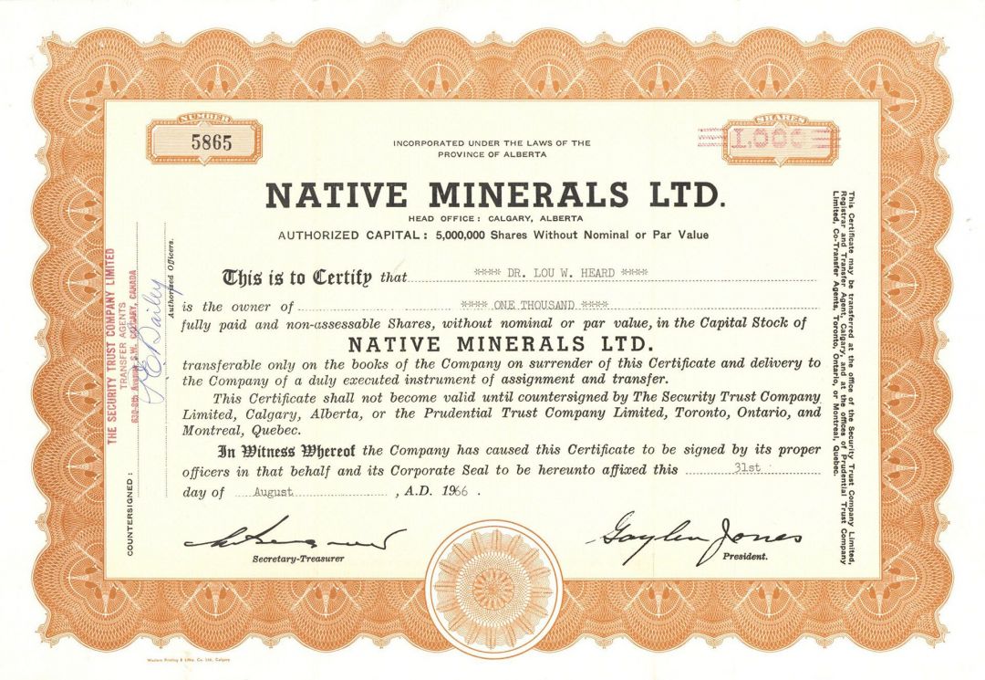 Native Minerals Ltd.  - Foreign Stock Certificate