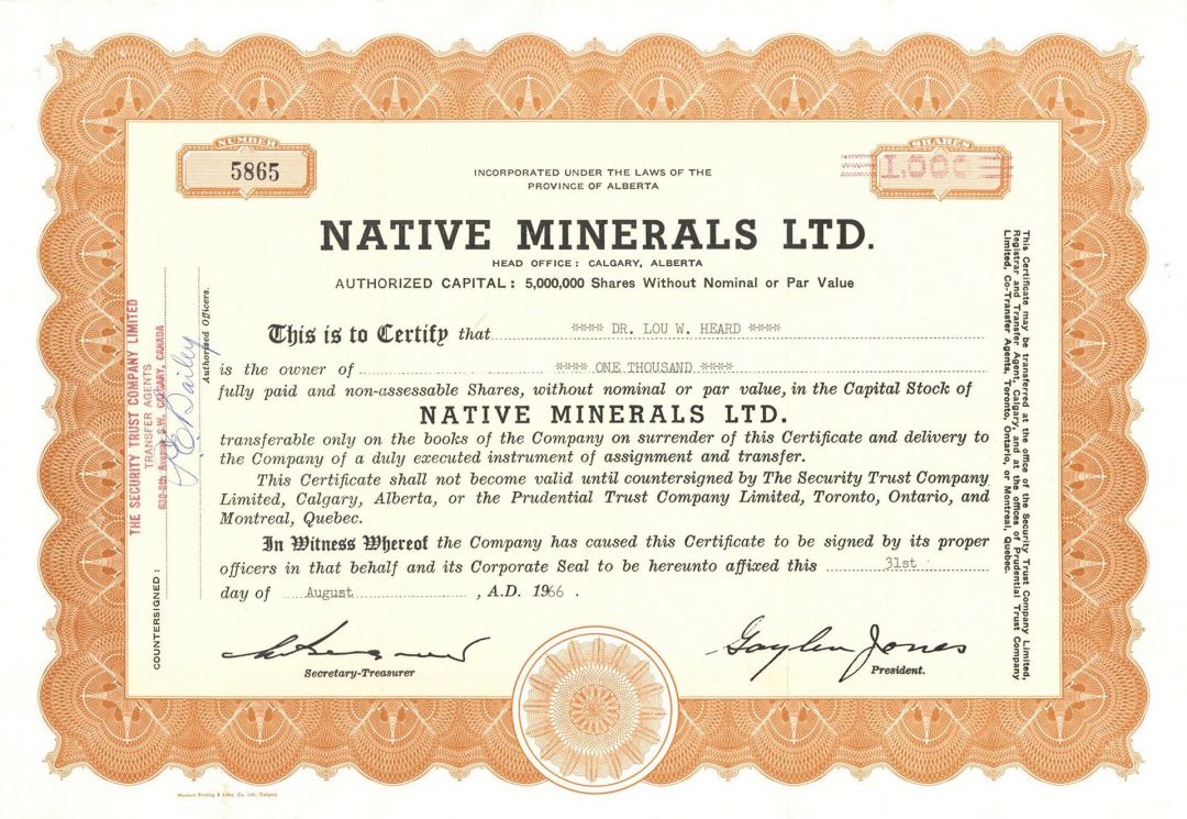 Native Minerals Ltd.  - Foreign Stock Certificate