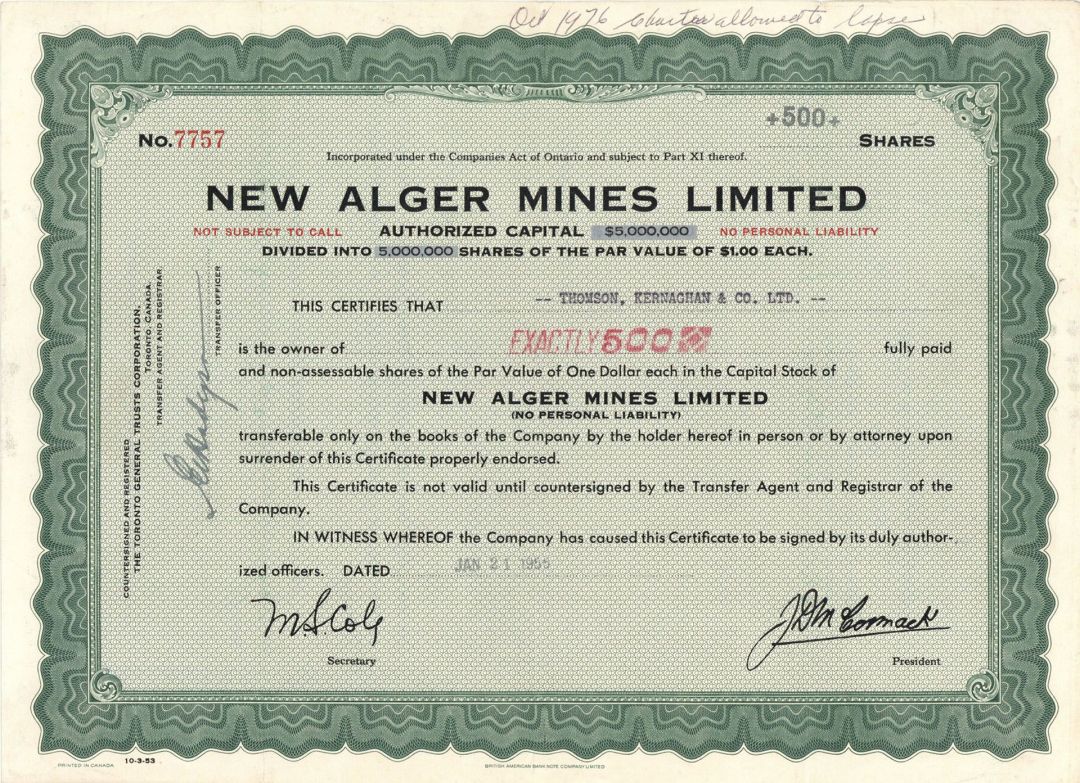 New Alger Mines Limited  - Foreign Stock Certificate
