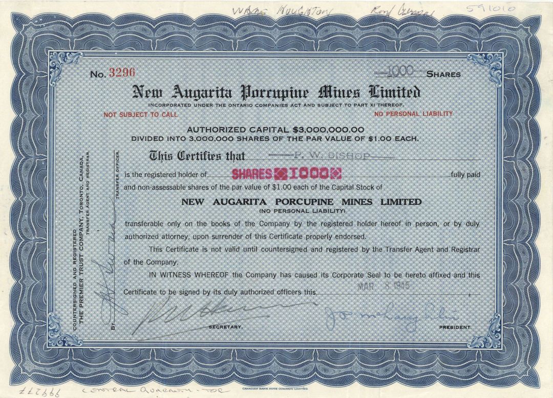 New Augarita Porcupine Mines Limited  - Foreign Stock Certificate