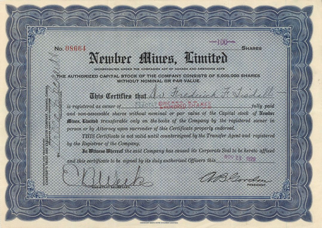 Newber Mines, Limited  - Foreign Stock Certificate