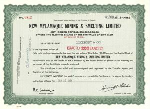 New Mylamaque Mining and Smelting Limited  - Foreign Stock Certificate