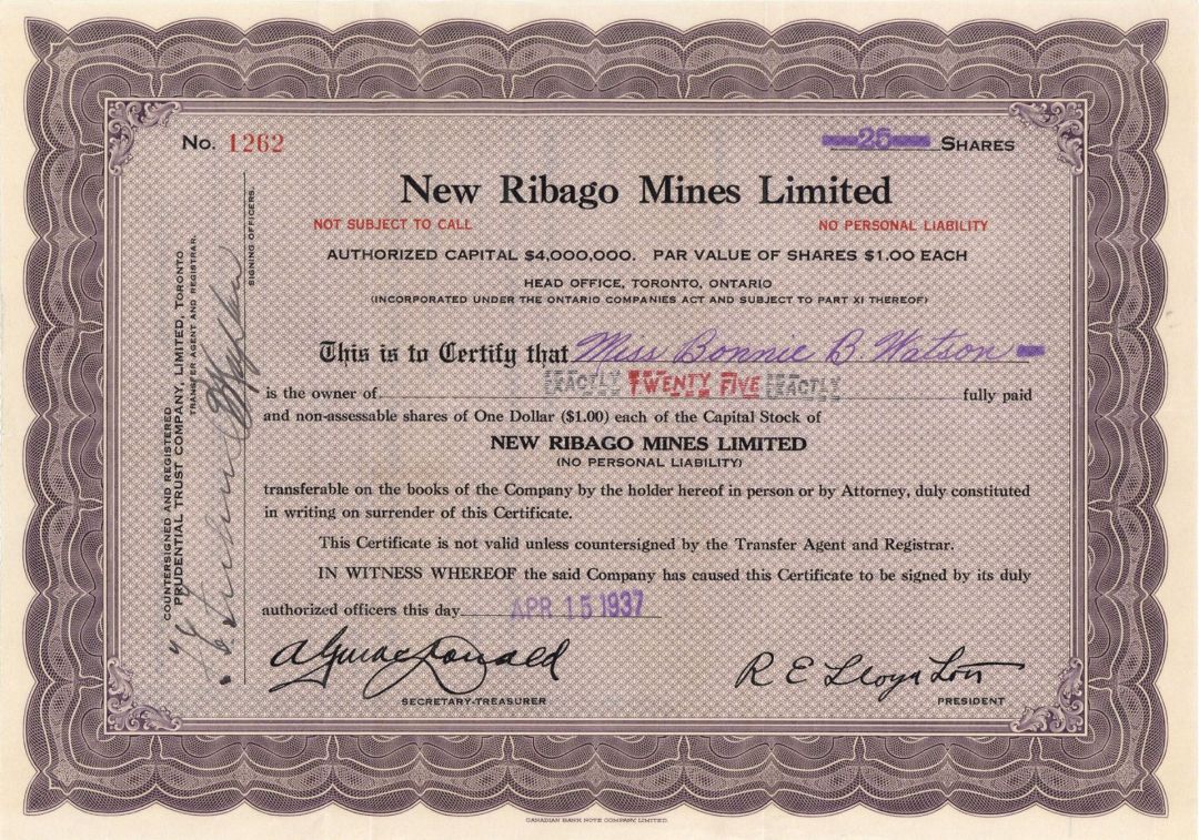 New Ribago Mines Limited  - Foreign Stock Certificate