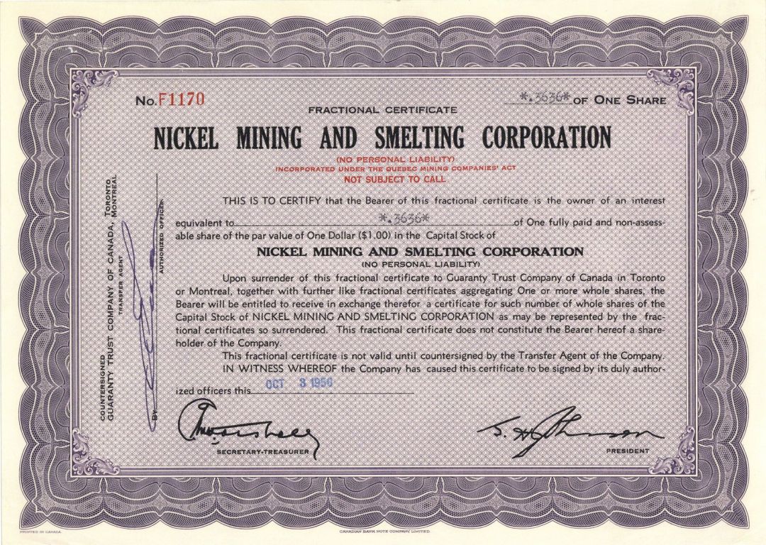 Nickel Mining and Smelting Corp. - Foreign Stock Certificate