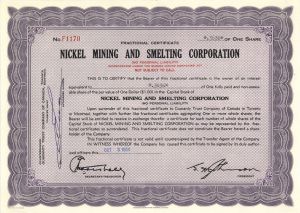 Nickel Mining and Smelting Corp. - Foreign Stock Certificate