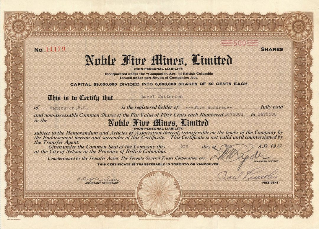 Noble Five Mines, Limited - 1934 dated Canadian Mining Stock Certificate