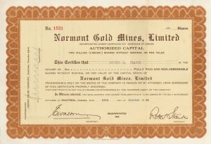Normont Gold Mines, Limited - Foreign Stock Certificate