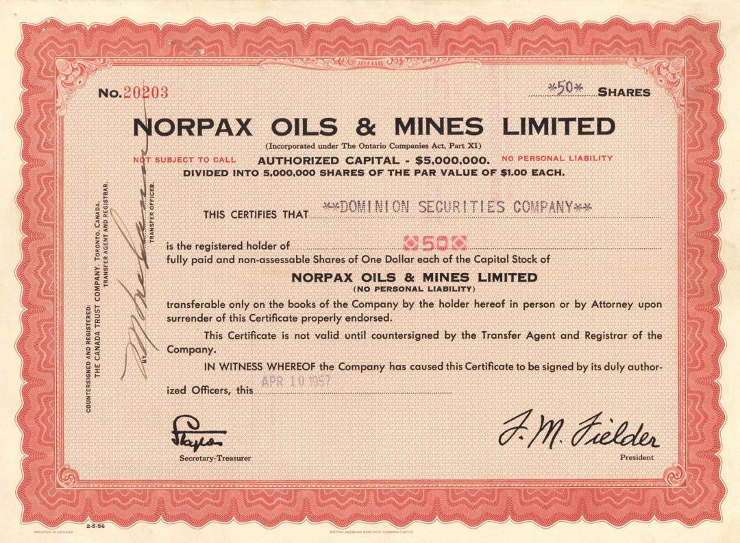Norpax Oils and Mines Limited - Foreign Stock Certificate