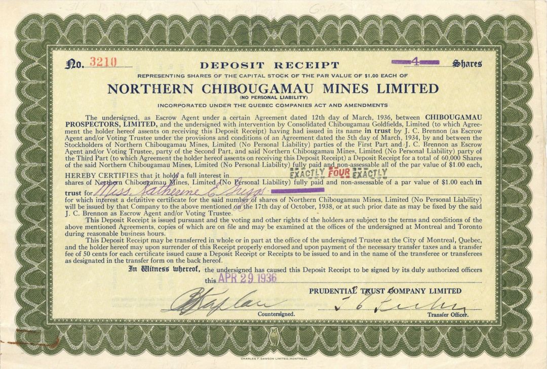 Northern Chibougamau Mines Limited - Foreign Stock Certificate