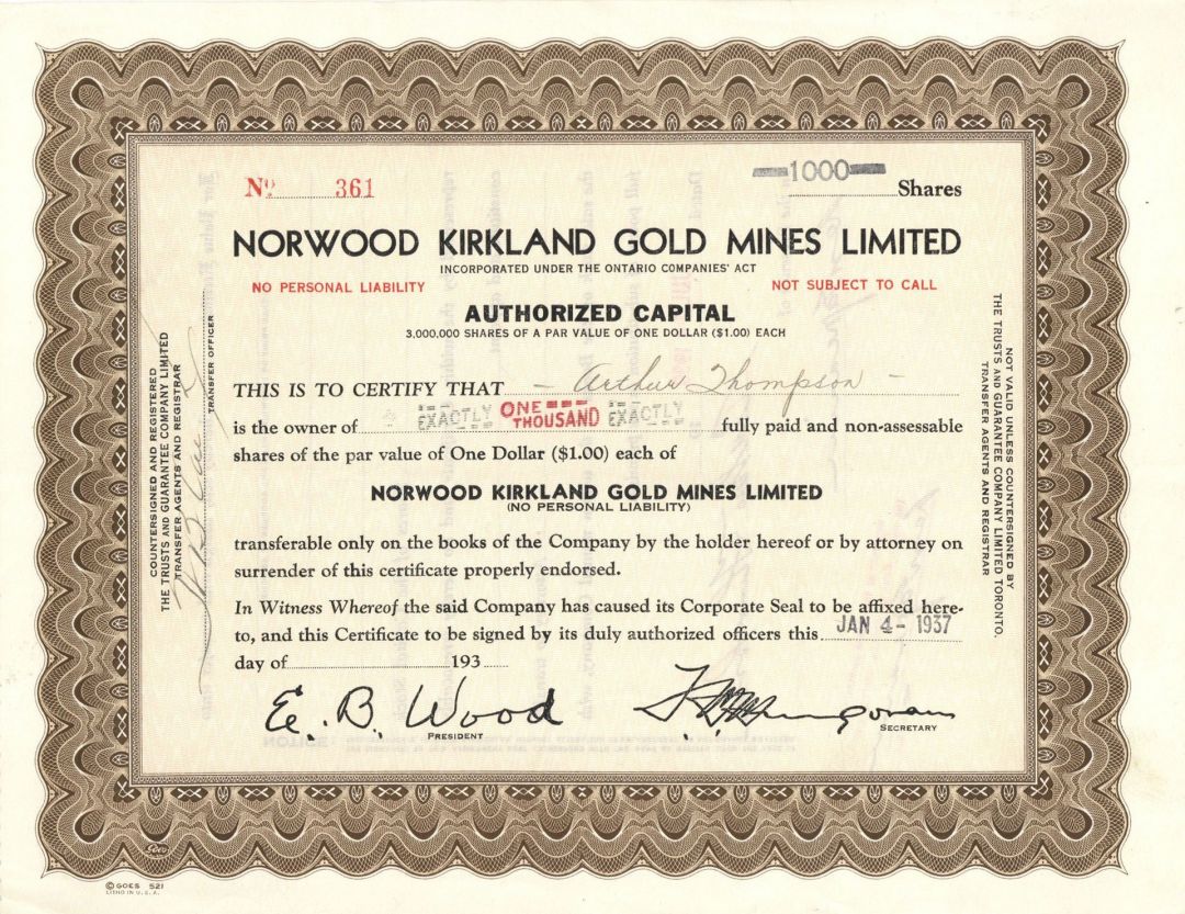 Norwood Kirkland Gold Mines Limited - Foreign Stock Certificate