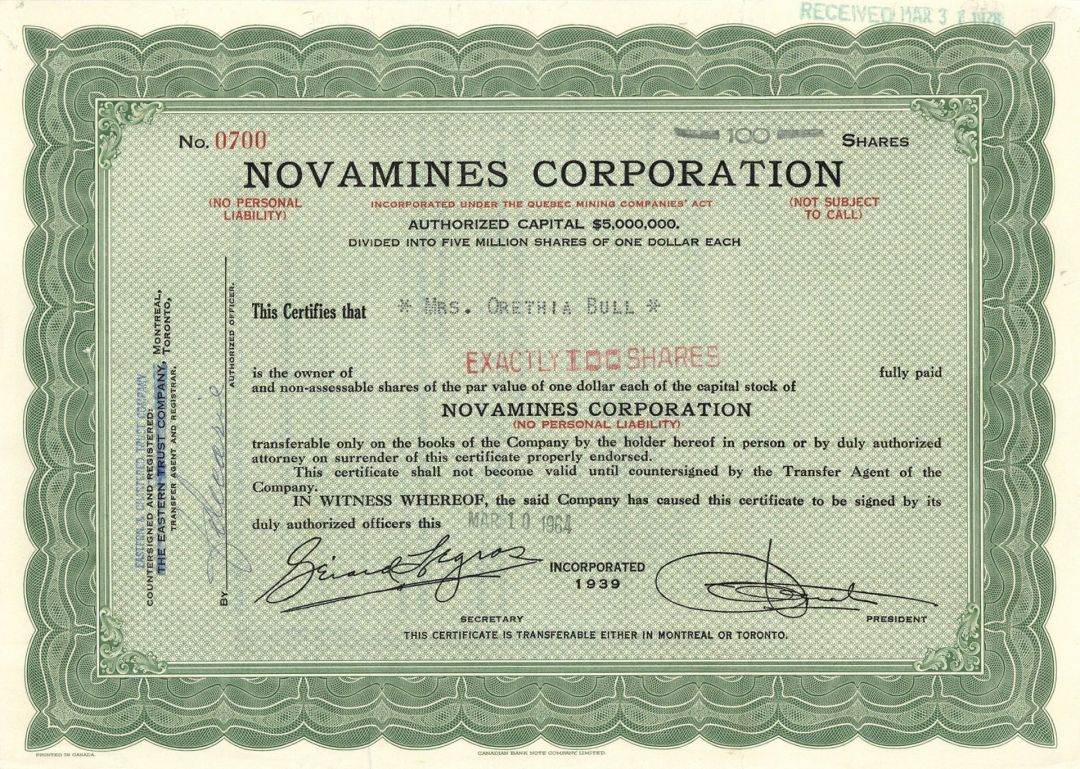 Novamines Corp. - Foreign Stock Certificate