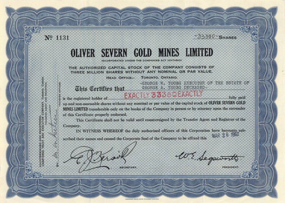 Oliver Severn Gold Mines Limited - Foreign Stock Certificate