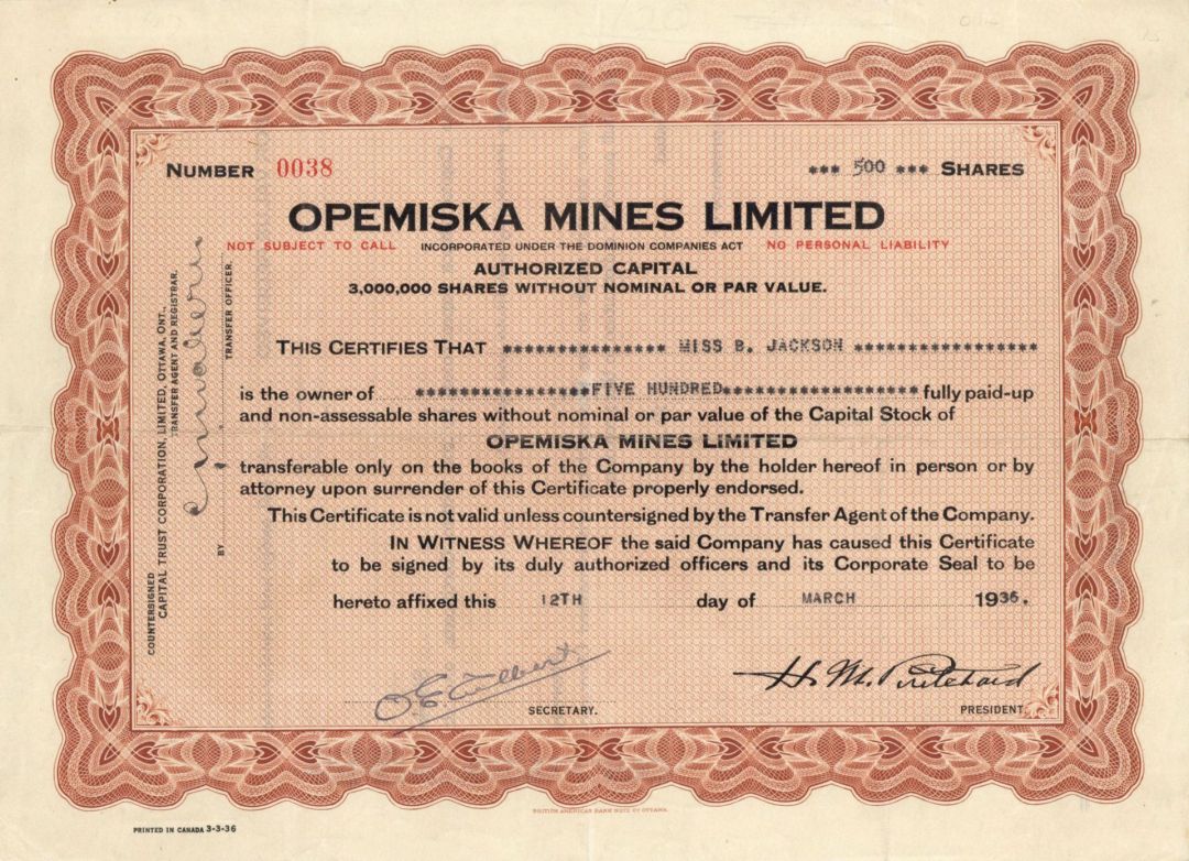 Opemiska Mines Limited - Foreign Stock Certificate