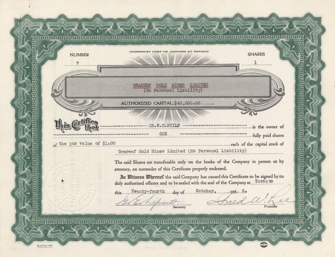 Orareef Gold Mines Limited - Foreign Stock Certificate