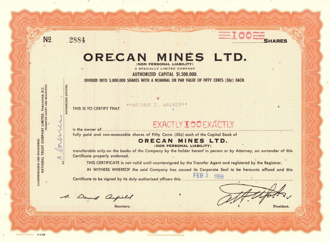 Orecan Mines Ltd. - Foreign Stock Certificate