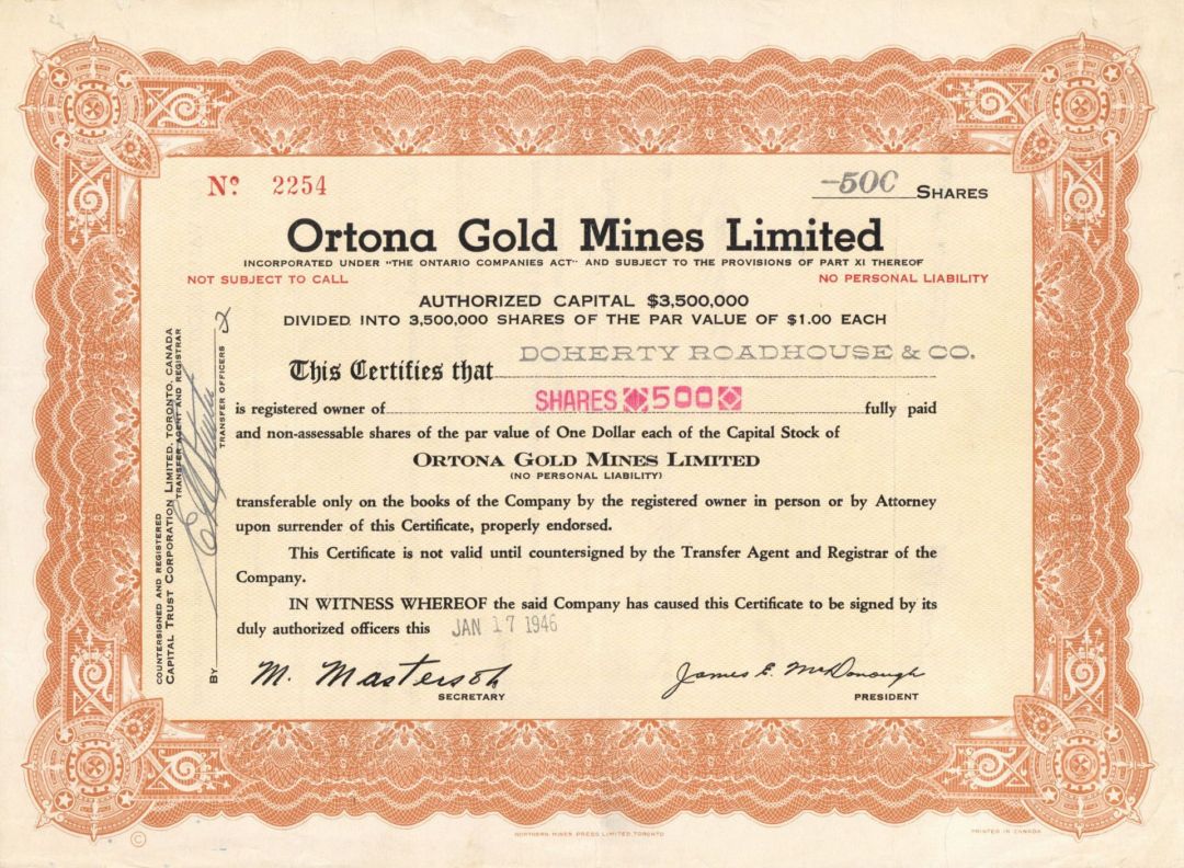Ortona Gold Mines Limited - Foreign Stock Certificate