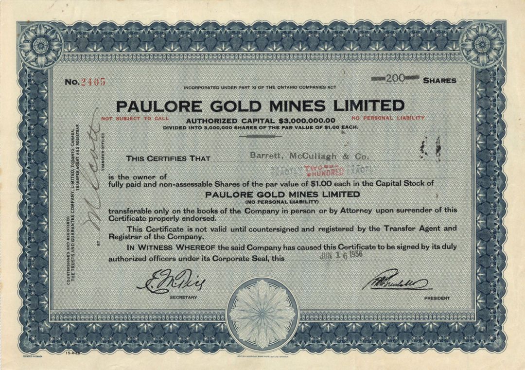 Paulore Gold Mines Limited - Foreign Stock Certificate