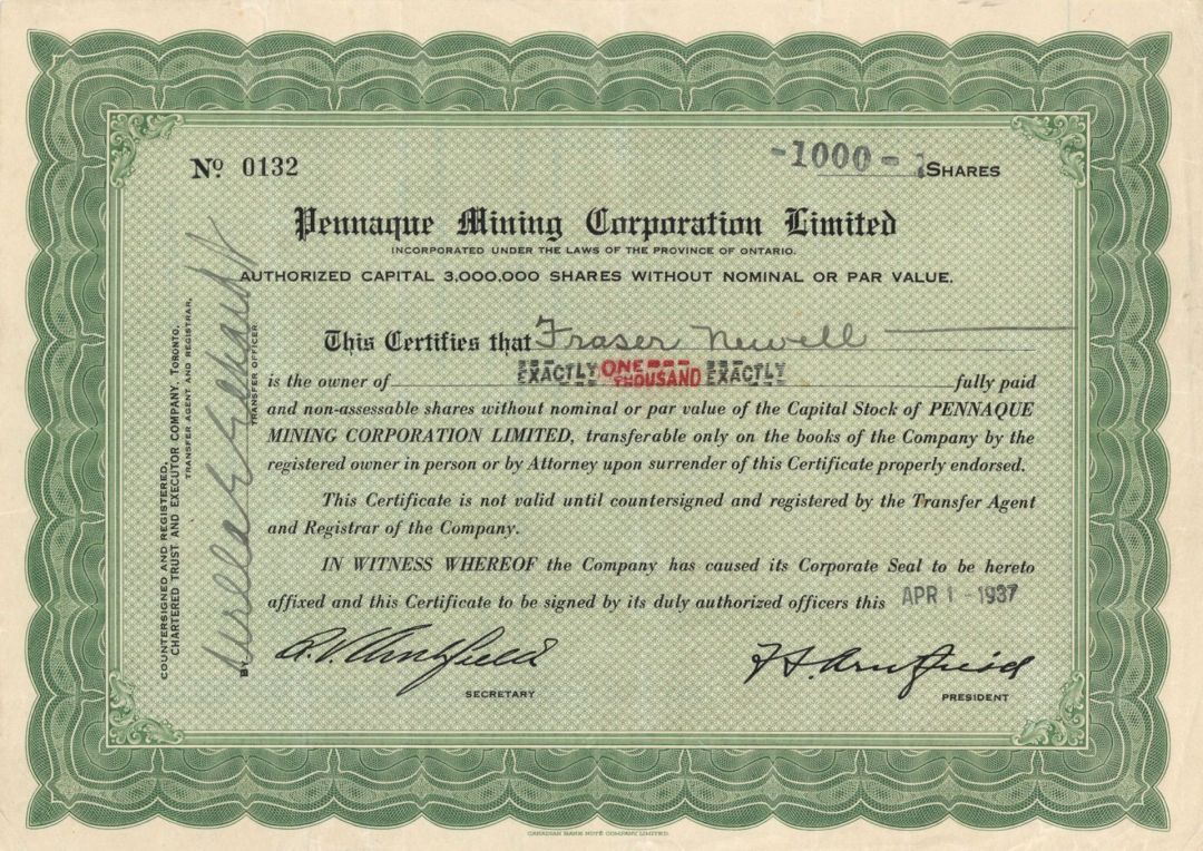 Pennaque Mining Corporation Limited - Foreign Stock Certificate