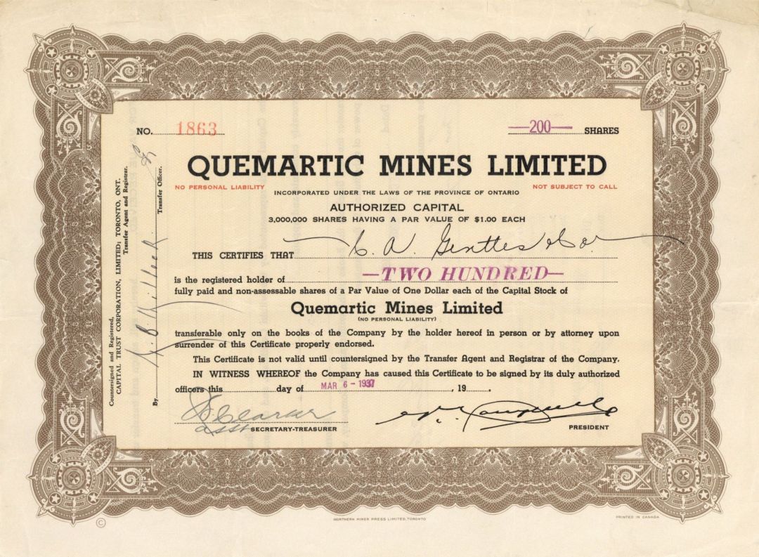 Quemartic Mines Limited - Foreign Stock Certificate