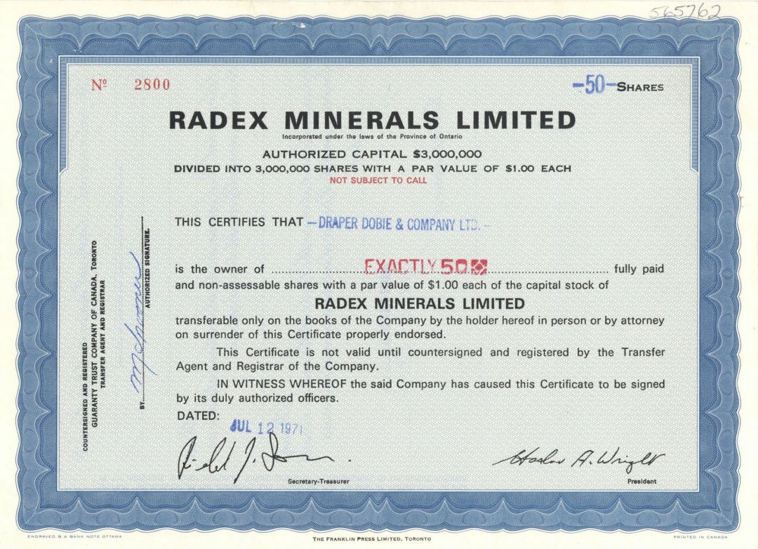 Radex Minerals Limited - Foreign Stock Certificate
