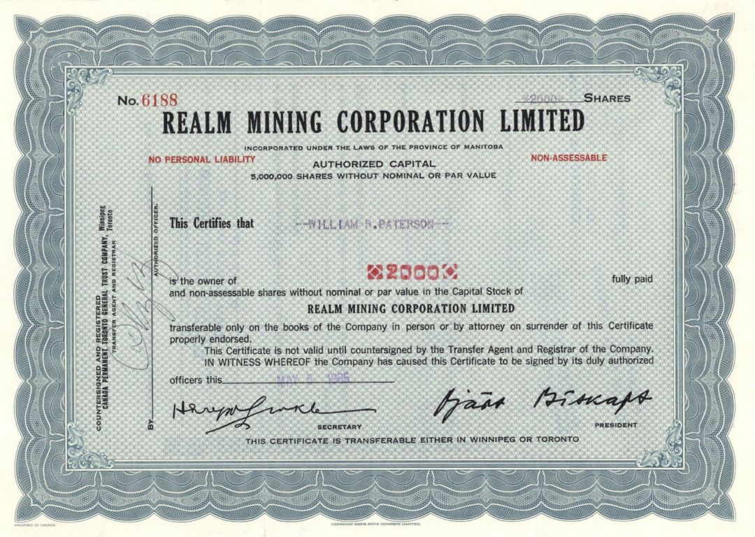 Realm Mining Corporation Limited - Foreign Stock Certificate