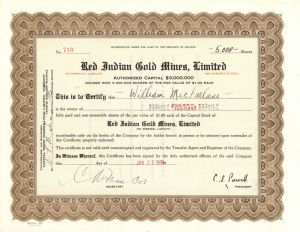 Red Indian Gold Mines, Limited - Foreign Stock Certificate
