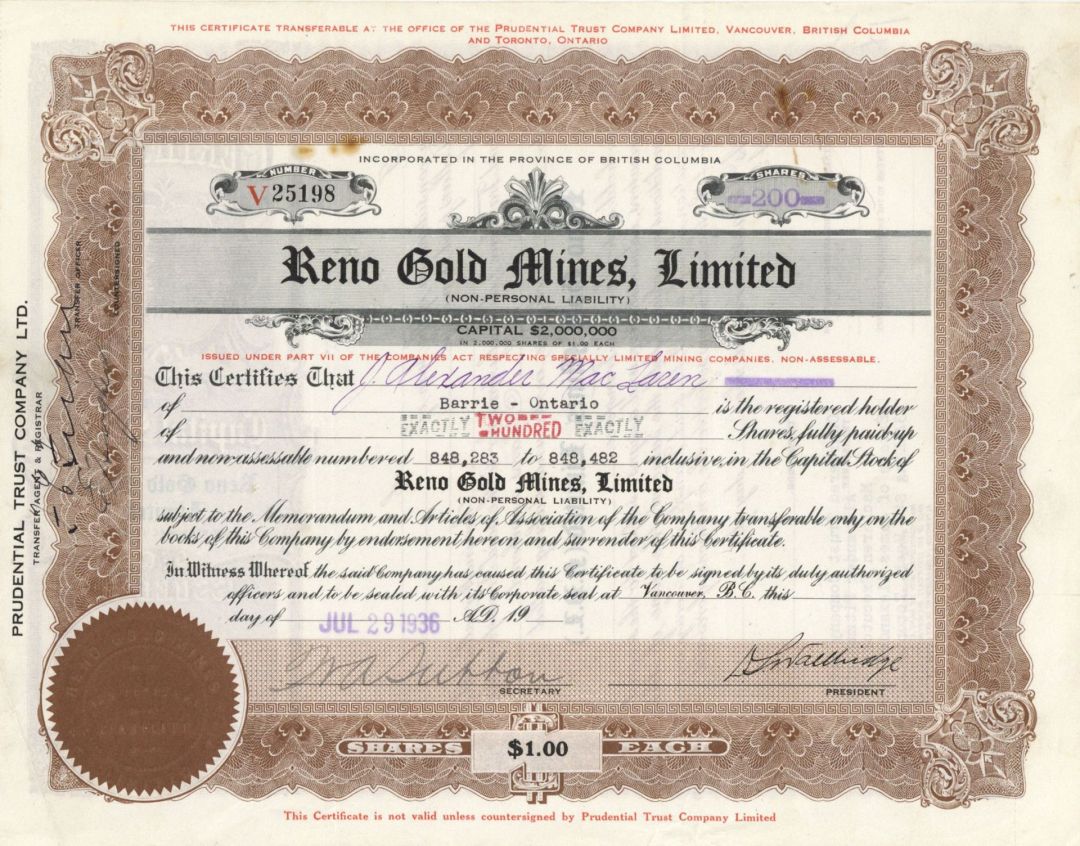 Reno Gold Mines, Limited - Foreign Stock Certificate