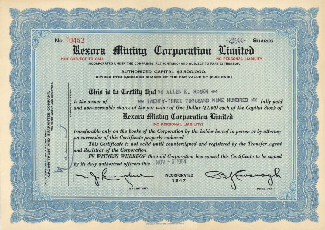 Rexora Mining Corporation Limited - Foreign Stock Certificate