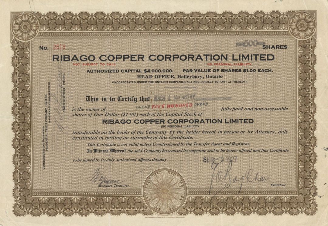 Ribago Copper Corporation Limited - 1927 dated Canadian Stock Certificate