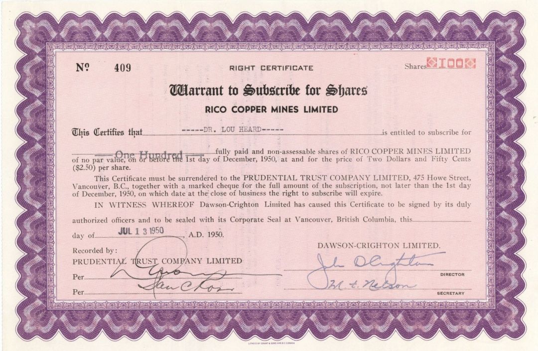 Rico Copper Mines Limited - Foreign Stock Certificate