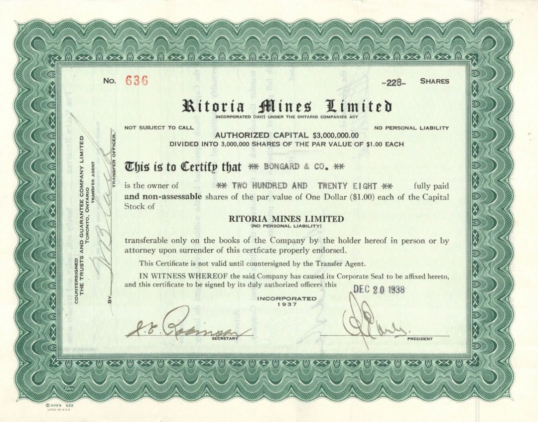 Ritoria Mines Limited - Foreign Stock Certificate