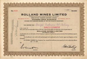 Rolland Mines Limited - Foreign Stock Certificate