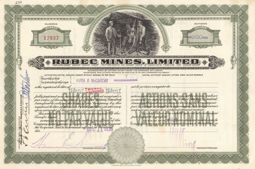 Rubec Mines, Limited - Foreign Stock Certificate