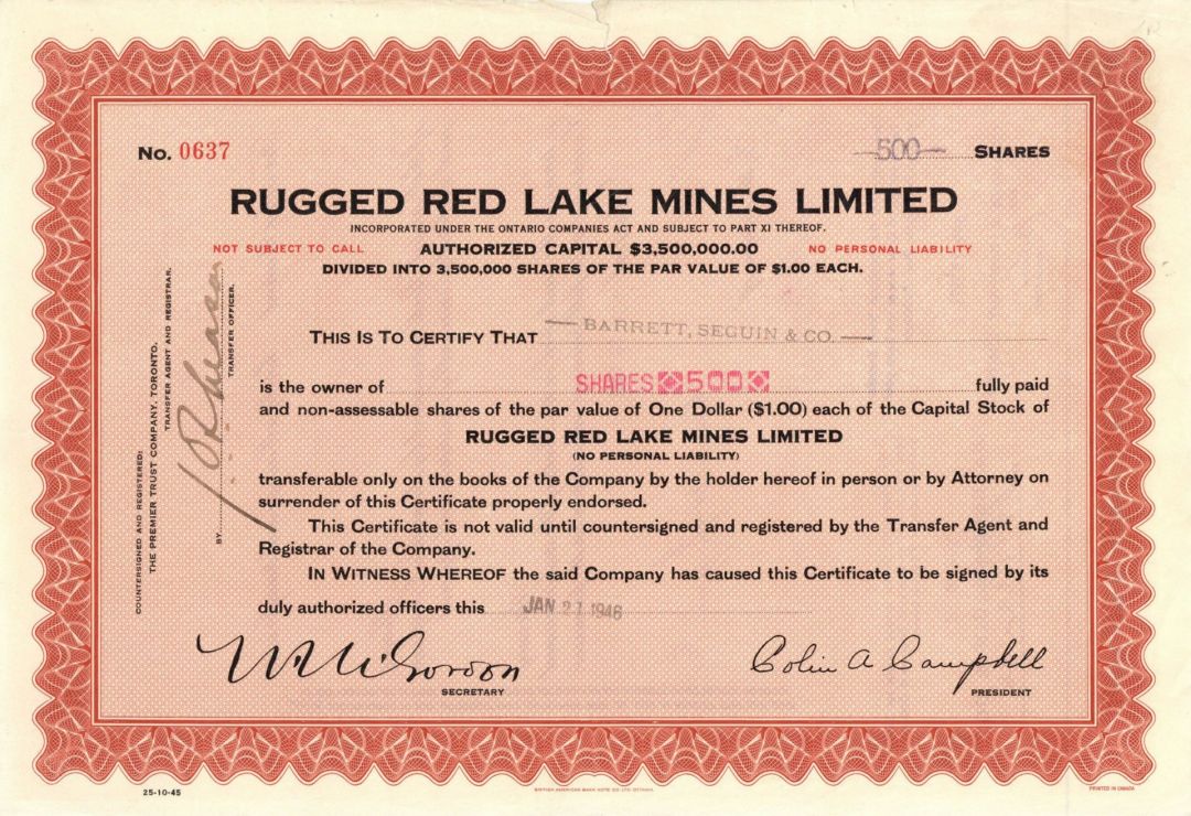 Rugged Red Lake Mines Limited - Foreign Stock Certificate