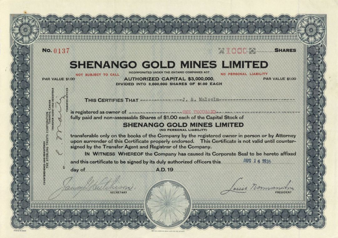 Shenango Gold Mines Limited - Foreign Stock Certificate