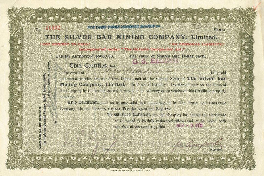 Silver Bar Mining Company, Limited - 1909 dated Canadian Mining Stock Certificate