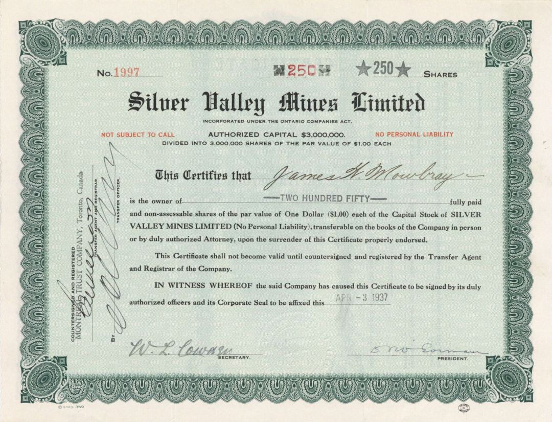 Silver Valley Mines Limited - Foreign Stock Certificate