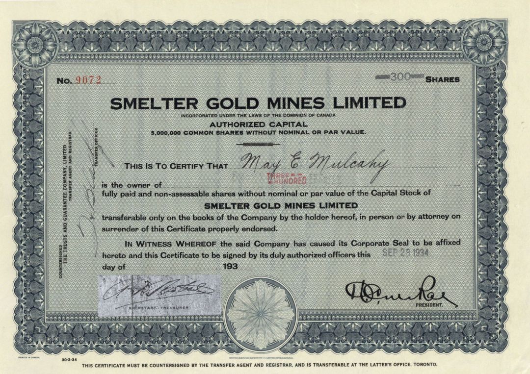 Smelter Gold Mines Limited - Foreign Stock Certificate