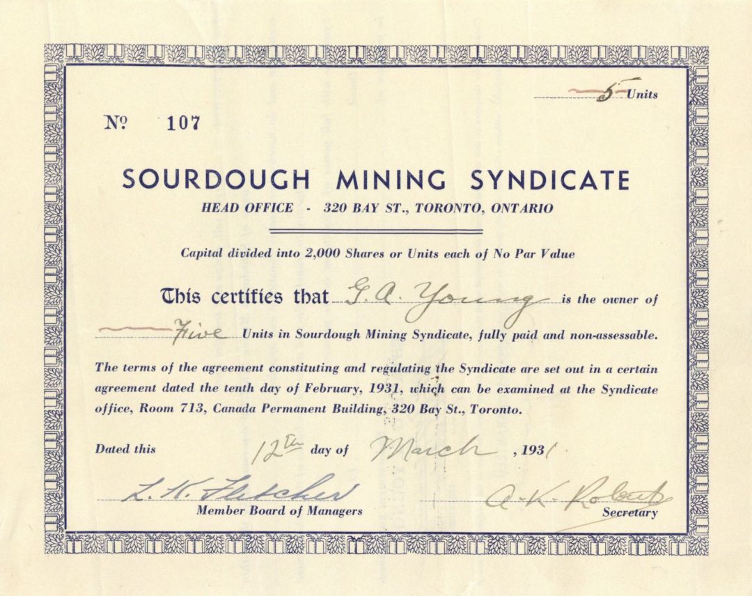 Sourdough Mining Syndicate - Foreign Stock Certificate