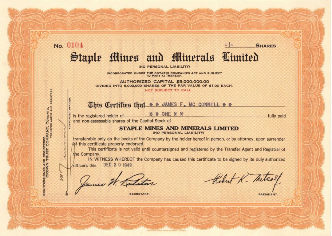 Staple Mines and Minerals Limited - Foreign Stock Certificate