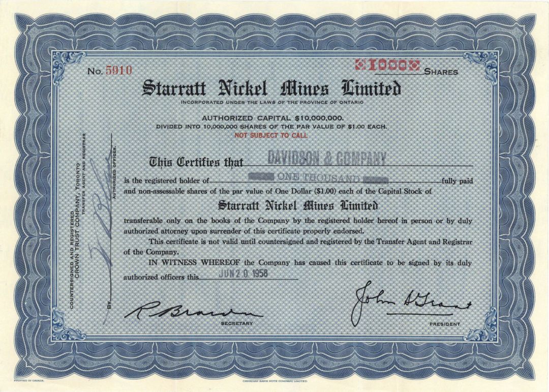 Starratt Nickel Mines Limited - Foreign Stock Certificate