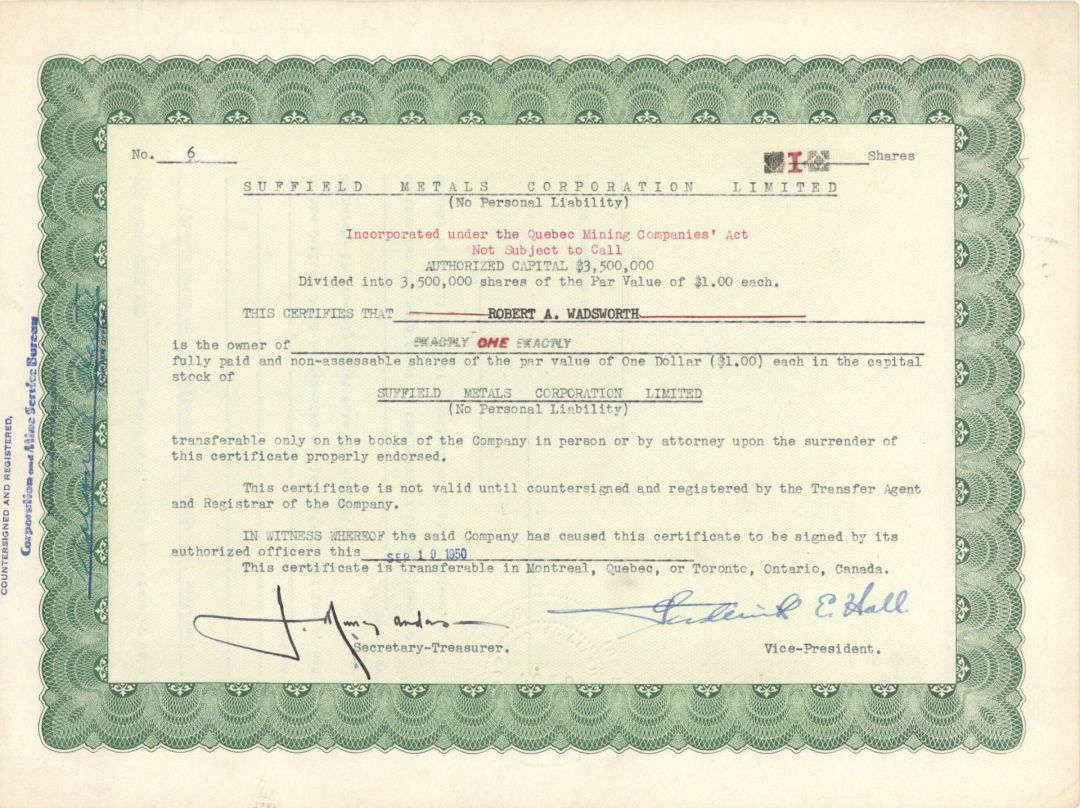 Suffield Metals Corporation Limited - Foreign Stock Certificate