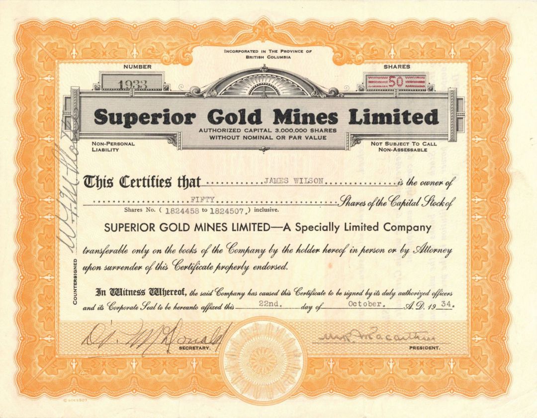 Superior Gold Mines Limited - Foreign Stock Certificate