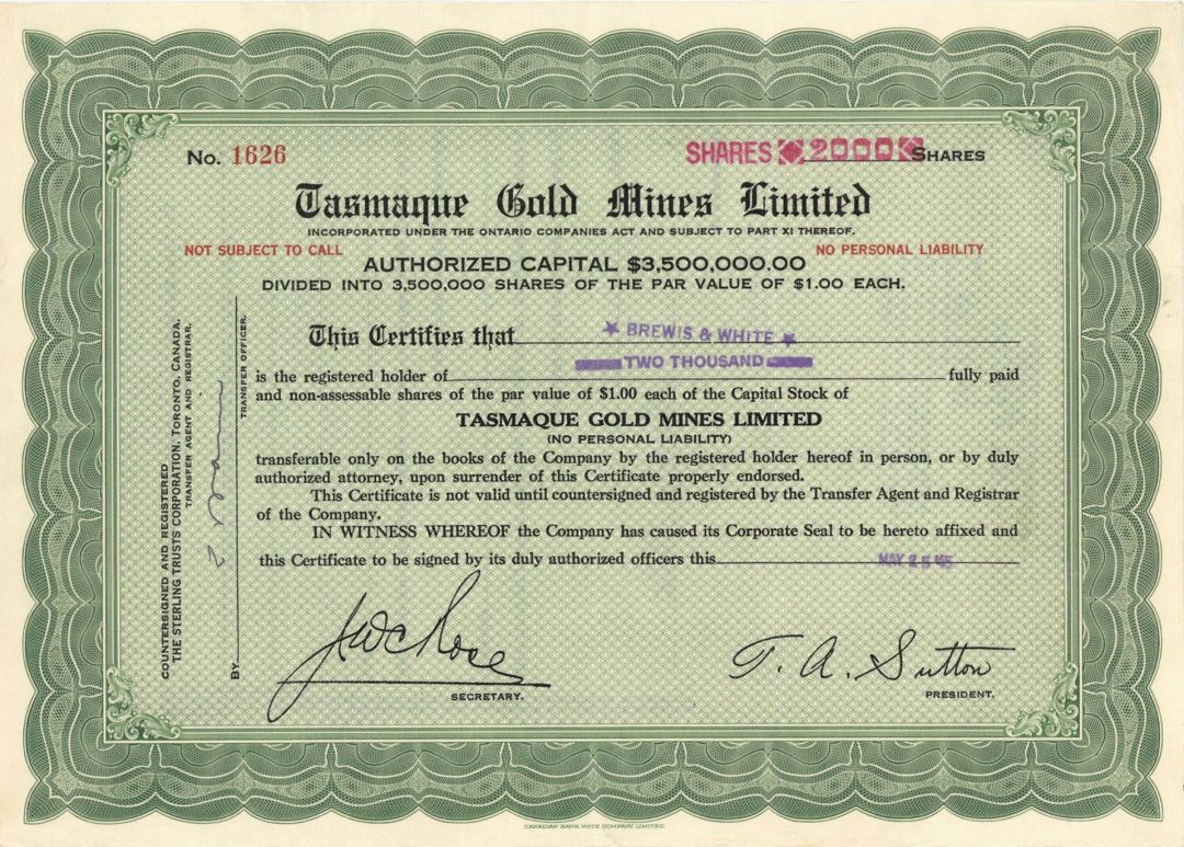 Tasmaque Gold Mines Limited - Foreign Stock Certificate